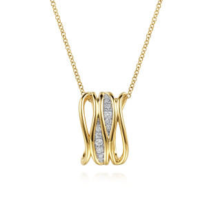 Gabriel & Co. NK8351Y45JJ 14 karat yellow gold Contemporary necklace, front view of the crossing polished ribbons and two tapered fields of stones