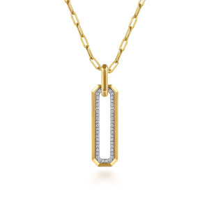 Gabriel & Co. NK8354Y45JJ 14 karat yellow gold Contemporary necklace, front view of the open frame, its inner row of diamonds and the rounded link bail