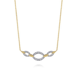 Gabriel & Co. NK8379M45JJ 14 karat white and yellow gold Bujukan necklace, front view of the curved bar, its diamond outlined links and the beads between them