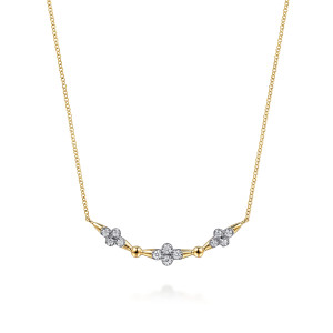 Gabriel & Co. NK8381M45JJ 14 karat white and yellow gold Bujukan necklace, front view of the cloverleaf diamond clusters, tapered segments and round beads between them