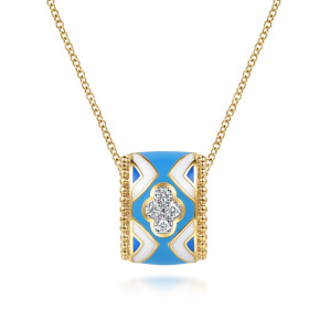Gabriel & Co. NK8385EMM45JJ 14 karat white and yellow gold Bujukan necklace, front view of the blue enamel face, chevron panels and clover shaped diamond cluster