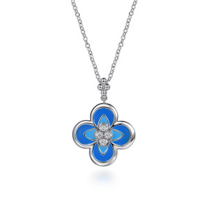 Gabriel & Co. NK8393EMSVJWS sterling silver Bujukan necklace, front view of the blue enamel lobes, the colorless stone cluster and the bead cluster above