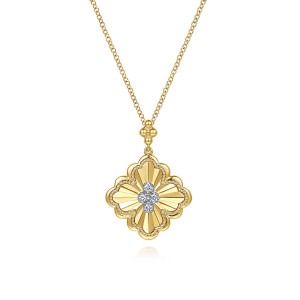 Gabriel & Co. NK8396M45JJ 14 karat white and yellow gold Bujukan necklace, front view of the fluted scalloped medallion with its beaded rim and diamond cluster