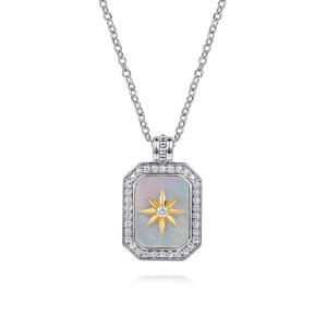 Gabriel & Co. NK8405WMMZJMC sterling silver and 14 karat yellow gold Bujukan necklace, front view of the raised star, iridescent inlay, stone frame and beaded bail