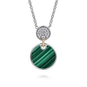 Gabriel & Co. NK8414MAMZJMC sterling silver and 14 karat yellow gold Bujukan necklace, front view of the green banded disc below the pave disc, joined by a link of metal beads
