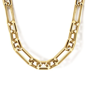 Gabriel & Co. NKM2034-20Y4JJJ 14 karat yellow gold Facets men's chain necklace, front view of beveled links curving in a deep open U with long links between short ones
