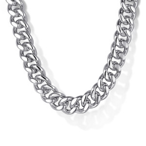 Gabriel & Co. NKM2075-20SVJJJ sterling silver Contemporary men's cuban link necklace, close detail of broad flat curb links overlapping with high polish and rounded edges