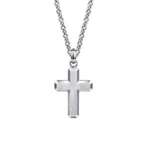 Gabriel & Co. NKM2100-22SVJJJ sterling silver Modern Relics men's pendant necklace, front view of the brushed cross face with its beveled arm ends on the chain