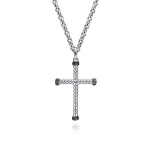 Gabriel & Co. NKM2102-22SVJBS sterling silver Hampton men's pendant necklace, front view of a twisted rope cross with black stone caps on its arm ends