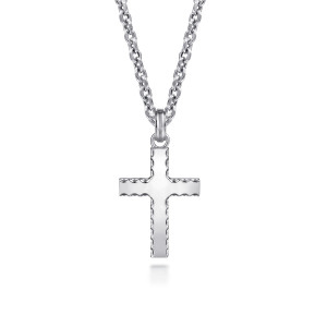 Gabriel & Co. NKM2103-22SVJJJ sterling silver Facets men's pendant necklace, front view of the cross with scalloped edges and a banded bail on a link chain