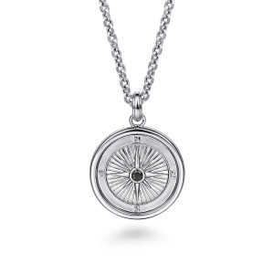 Gabriel & Co. NKM2104-22SVJBS sterling silver Polaris men's pendant necklace, front view of the compass face with engraved rays, a pointed star and a black stone