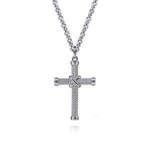 Gabriel & Co. NKM2105-22SVJJJ sterling silver Hampton men's pendant necklace, front view of the twisted textured cross with ribbed end caps and a crossed strap