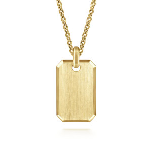 Gabriel & Co. NKM2106-22Y4JJJ 14 karat yellow gold Modern Relics men's pendant necklace, front view of the brushed tag, its beveled edge and the flat bail, shown on a chain