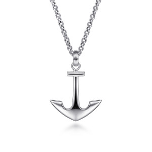 Gabriel & Co. NKM2108-22SVJJJ sterling silver Modern Relics men's pendant necklace, front view of a smooth anchor with broad pointed flukes hanging from a tall bail