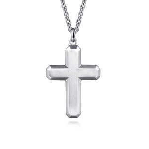 Gabriel & Co. NKM2109-22SVJJJ sterling silver Modern Relics men's pendant necklace, front view of the brushed cross face framed by a polished beveled edge