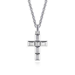 Gabriel & Co. NKM2110-22SVJJJ sterling silver Geo men's pendant necklace, front view of a cross of beveled blocks with a stepped square at its center