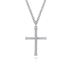 Gabriel & Co. NKM2111-22SVJJJ sterling silver Hampton men's pendant necklace, front view of the spiral ridged cross hanging from a small loop on the chain