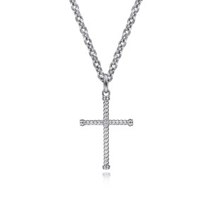 Gabriel & Co. NKM2112-22SVJJJ sterling silver Hampton men's pendant necklace, front view of the twisted rope cross with polished collars capping each arm