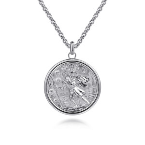 Gabriel & Co. NKM2113-22SVJJJ sterling silver Modern Relics men's pendant necklace, front view of the medallion with a robed figure carrying a smaller figure through water
