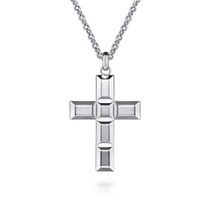 Gabriel & Co. NKM2114-22SVJJJ sterling silver Geo men's pendant necklace, front view of the cross, beveled rectangular arms around a raised square at the crossing