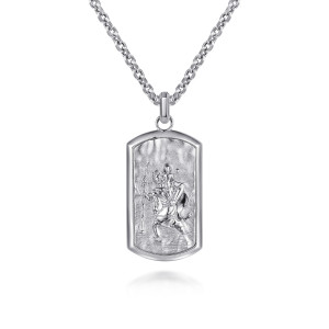 Gabriel & Co. NKM2115-22SVJJJ sterling silver Modern Relics men's pendant necklace, front view of the tag's raised robed figure, rippled ground and polished rim on its chain