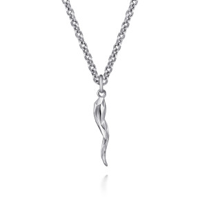 Gabriel & Co. NKM2117-22SVJJJ sterling silver Facets men's pendant necklace, front view of the faceted horn hanging from a small loop on the link chain