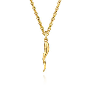 Gabriel & Co. NKM2117-22Y4JJJ 14 karat yellow gold Facets men's pendant necklace, close detail of the curved horn pendant and its bail marked with a maker's mark