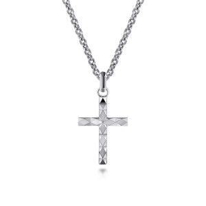 Gabriel & Co. NKM2118-22SVJJJ sterling silver Facets men's pendant necklace, front view of the cross covered in diamond shaped facets hanging from oval chain links
