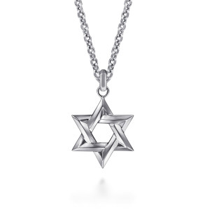 Gabriel & Co. NKM2119-22SVJJJ sterling silver Modern Relics men's pendant necklace, front view of the woven star with bands passing over and under around an open center