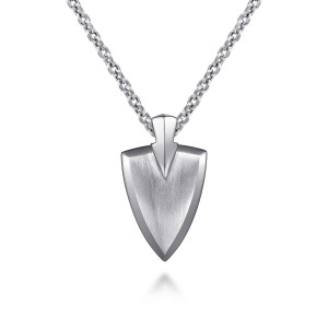 Gabriel & Co. NKM2120-22SVJJJ sterling silver Modern Relics men's pendant necklace, front view of the brushed shield with a polished bevel and a V shaped bail