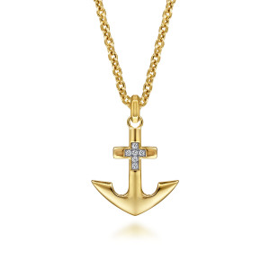 Gabriel & Co. NKM2121-22Y45JJ 14 karat yellow gold Modern Relics men's pendant necklace, front view of the anchor, an inset cross of small colorless stones on its crossbar