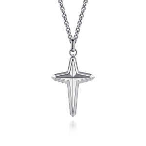 Gabriel & Co. NKM2127-22SVJJJ sterling silver Modern Relics men's pendant necklace, front view of the cross, its arms rising to ridges that meet at the center