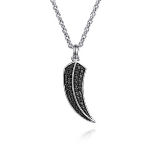 Gabriel & Co. NKM2128-22SVJBS sterling silver Modern Relics men's pendant necklace, front view of the curved horn pendant paved with small black stones and a polished center ridge