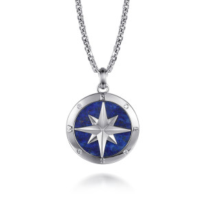 Gabriel & Co. NKM2138-22SV5LP sterling silver Polaris men's pendant necklace, front view of the compass face, a raised star over deep blue inlay in a stone set rim