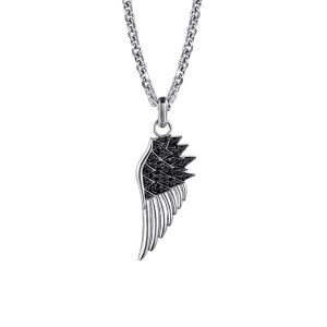 Gabriel & Co. NKM2139-22SVJBS sterling silver Modern Relics men's pendant necklace, front view of the wing, black stones on the pointed upper feathers above polished grooves