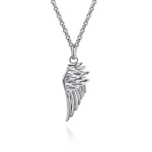 Gabriel & Co. NKM2140-22SVJJJ sterling silver Modern Relics men's pendant necklace, front view of the wing with pointed overlapping feathers above and long ridges below