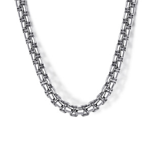 Gabriel & Co. NKM2141-20SVJJJ sterling silver Facets men's chain necklace, front view of the glossy rounded square links curving in a tight strand