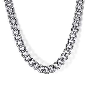Gabriel & Co. NKM2143-20SVJJJ sterling silver Contemporary men's chain necklace, close detail of rounded curb links, each with a glossy twisted face and an open center