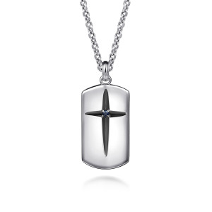 Gabriel & Co. NKM2153-22SVJSB sterling silver Modern Relics men's pendant necklace, front view of the tag on its chain with a dark pointed cross and a blue center stone