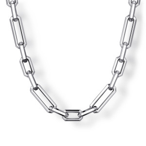 Gabriel & Co. NKM2155-20SVJJJ sterling silver Facets men's chain necklace, front view of long and short rectangular links with beveled corners hanging in a curve