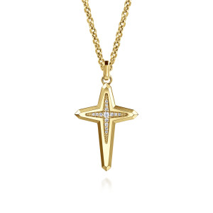 Gabriel & Co. NKM2156-22Y45JJ 14 karat yellow gold Modern Relics men's pendant necklace, front view of the pointed cross with its recessed diamond cross and the chain above
