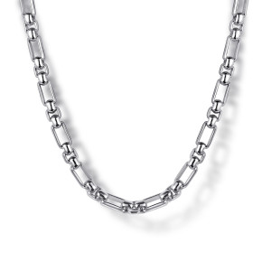 Gabriel & Co. NKM2157-20SVJJJ sterling silver Contemporary men's chain necklace, front view of long open rectangular links alternating with pairs of small rounded links