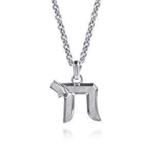 Gabriel & Co. NKM2163-22SVJJJ sterling silver Modern Relics men's pendant necklace, front view of the brushed pendant face with polished beveled edges and a flag like corner