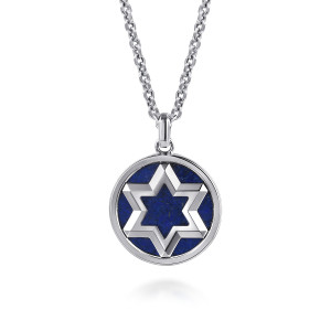 Gabriel & Co. NKM2175-22SVJLP sterling silver Modern Relics men's pendant necklace, front view of the beveled polished star over the speckled deep blue inlay, shown on a chain