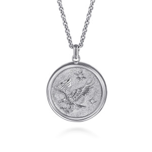 Gabriel & Co. NKM2181-22SV5JJ sterling silver Modern Relics men's pendant necklace, front view of the eagle in flight on a frosted field, with star shapes holding tiny stones