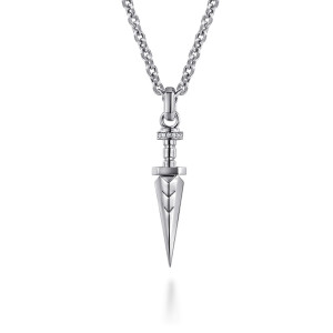 Gabriel & Co. NKM2182-22SVJWS sterling silver Modern Relics men's pendant necklace, front view of the faceted blade with chevron grooves and the stone set collar above the grip