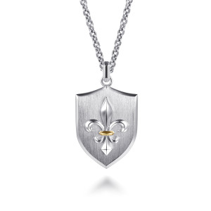 Gabriel & Co. NKM2183-22MZJJJ sterling silver and 14 karat yellow gold Modern Relics men's pendant necklace, front view of a brushed shield with a raised fleur-de-lis and a small warm band