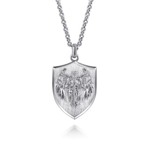 Gabriel & Co. NKM2184-22SVJJJ sterling silver Modern Relics men's pendant necklace, front view of a shield pendant with a brushed face and a raised winged figure