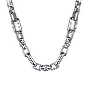 Gabriel & Co. NKM2185-22SVJJJ sterling silver Contemporary men's chain necklace, close detail of long open rectangular links alternating with short stacked connector links