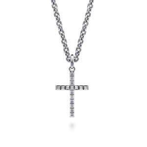 Gabriel & Co. NKM2188-22SVJJJ sterling silver Geo men's pendant necklace, front view of a cross with square stepped blocks cut along each arm, hanging from a link chain